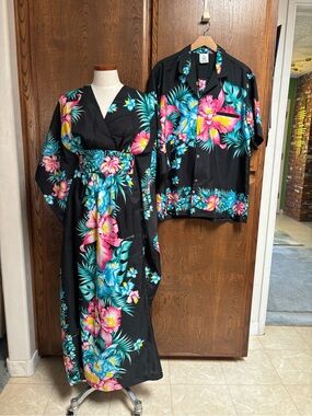 Black Hawaiian Floral Matching Dress & mens Button Shirt Set